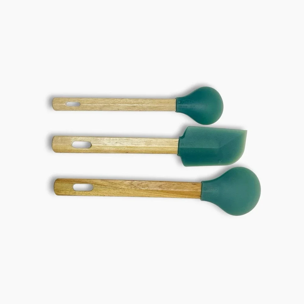 3 Pcs Ikea Backroding Silicone Spoon Spatula Set Wood Handle Mixing Teal Blue